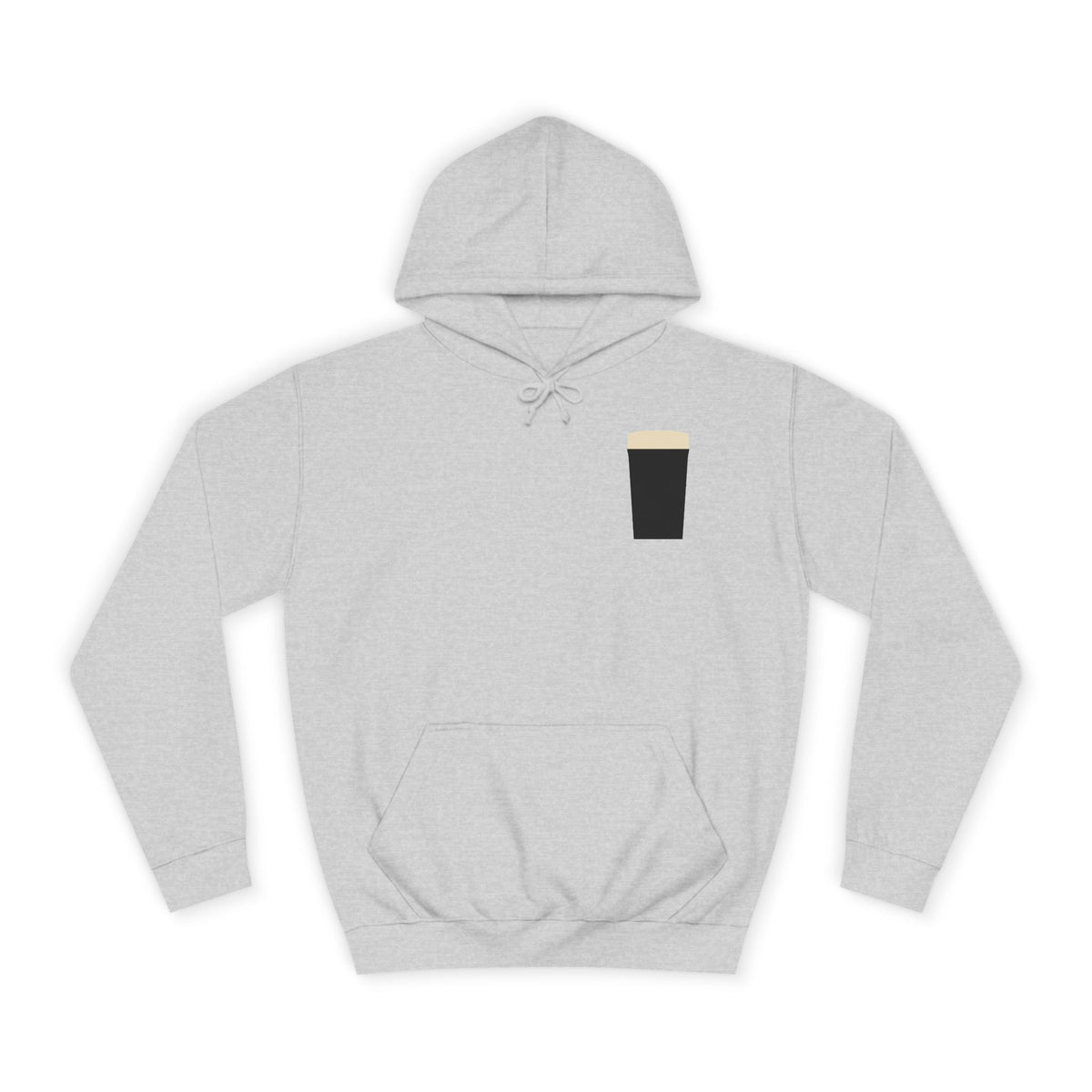 The Pint Hoodie in Heather Grey: front, a minimal pint printed on the chest