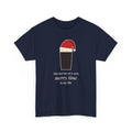 Merry Time Tee in Navy: front, a pint wearing a Santa hat above the line 'You met me at a very merry time in my life.'