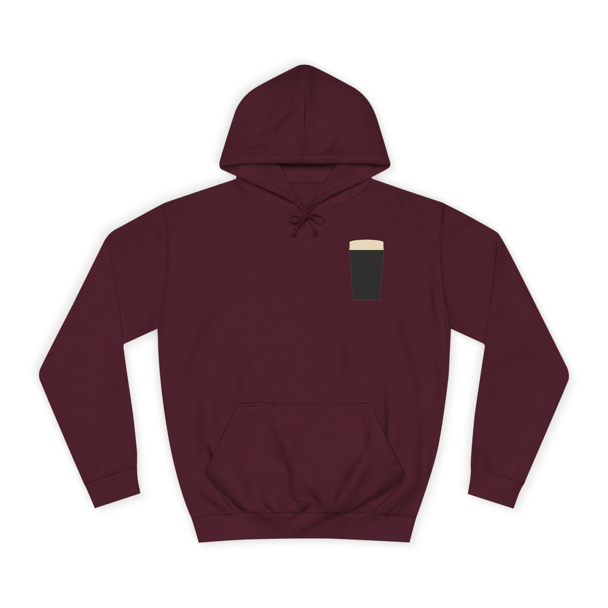 The Pint Hoodie in Burgundy: front, a minimal pint printed on the chest