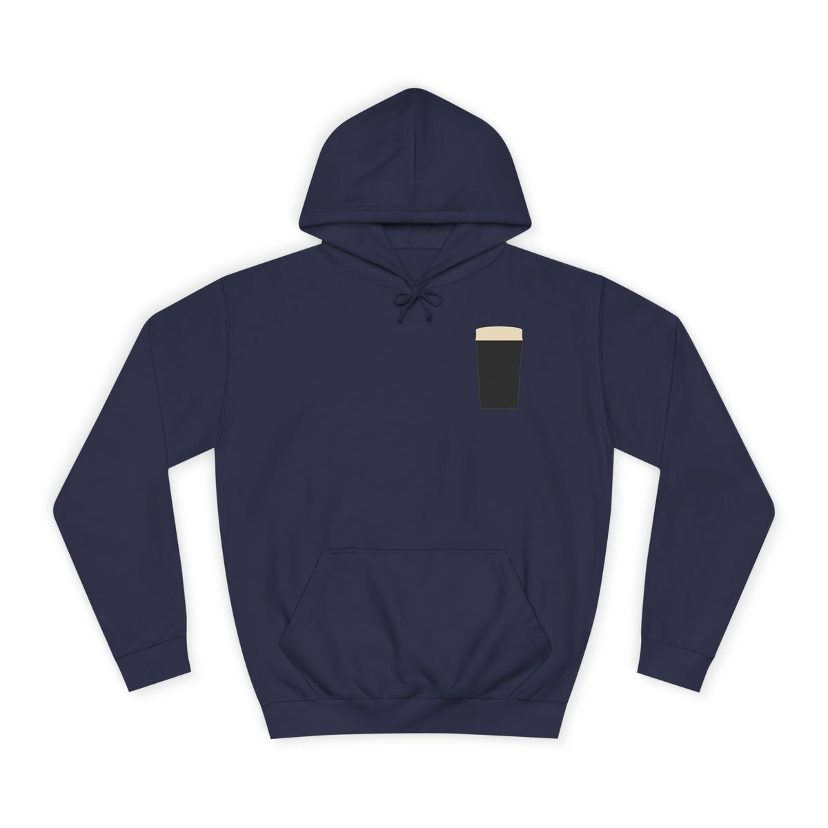 The Pint Hoodie in Oxford Navy: front, a minimal pint printed on the chest