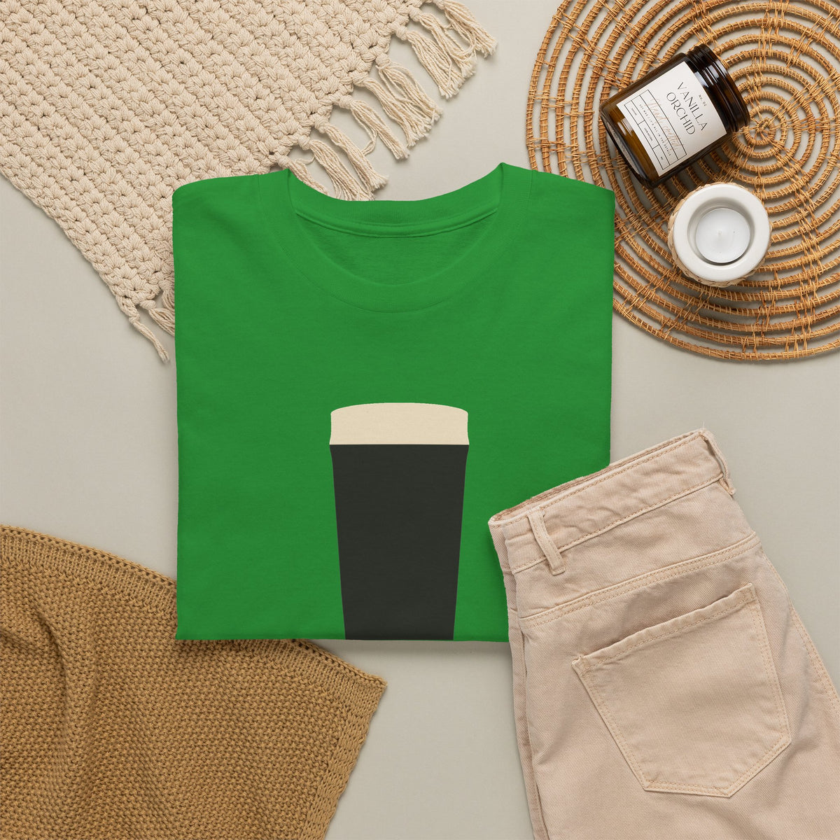 Very Beer Time Tee in Irish Green: styled flat lay