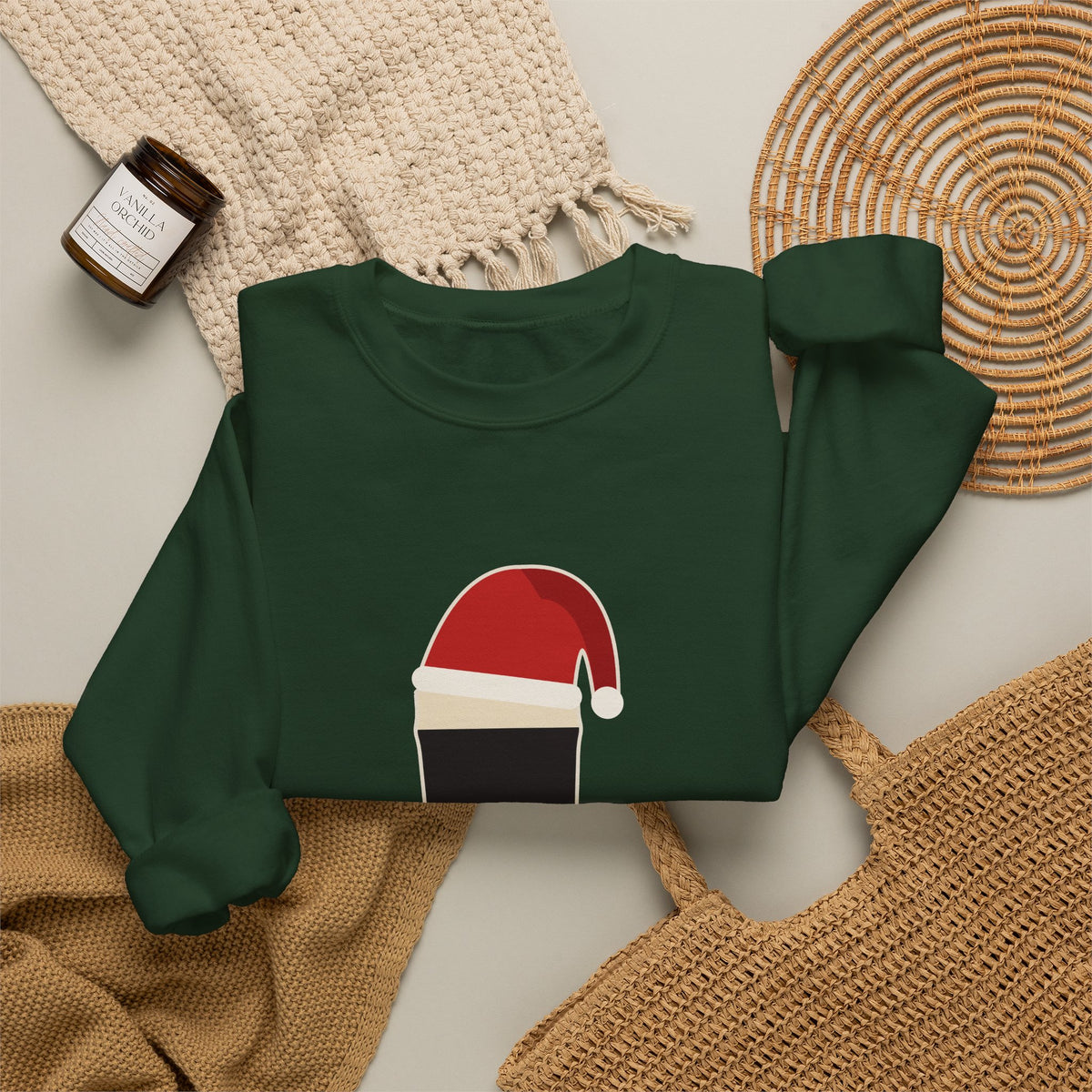 Merry Time Crewneck in Forest Green: styled flat lay