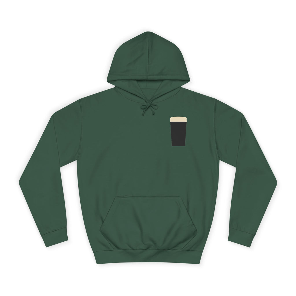 The Pint Hoodie in Bottle Green: front, a minimal pint printed on the chest