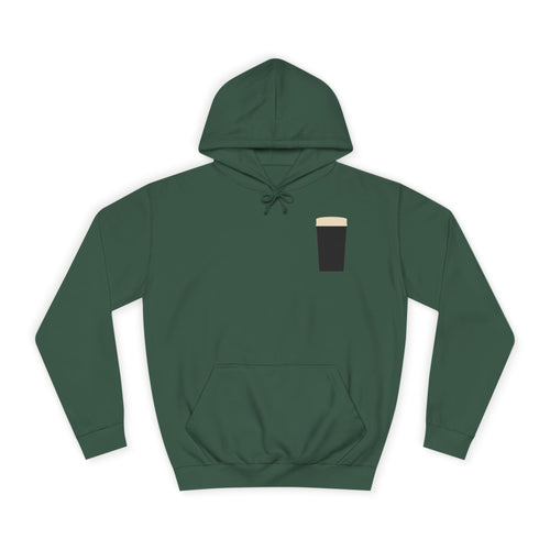 The Pint Hoodie in Bottle Green: front, a minimal pint printed on the chest
