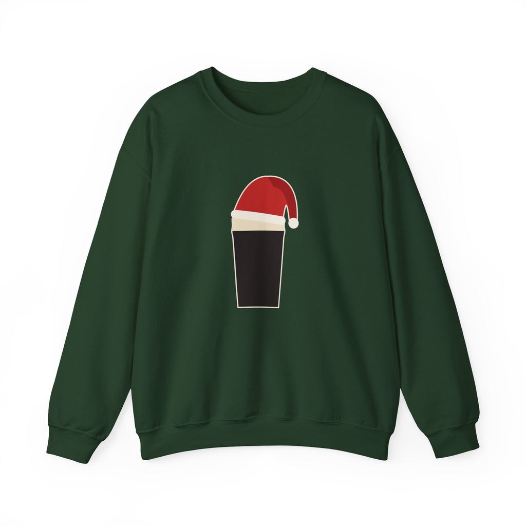 Merry Time Crewneck in Forest Green: front, our pint wearing a Santa hat