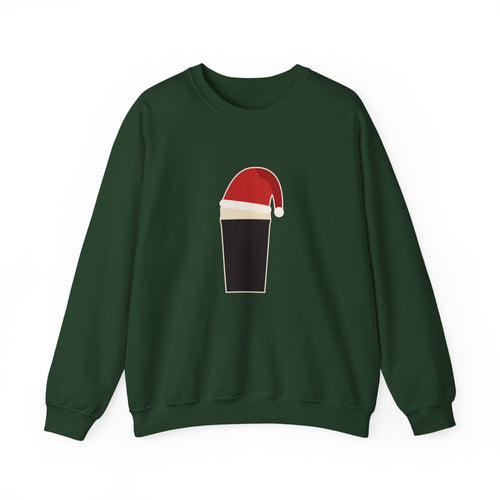 Merry Time Crewneck in Forest Green: front, our pint wearing a Santa hat